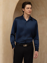 [Azul Oscuro] SilkSilky-ES 19Momme Manga larga Cuello con Solapa Camisa de hombre 005