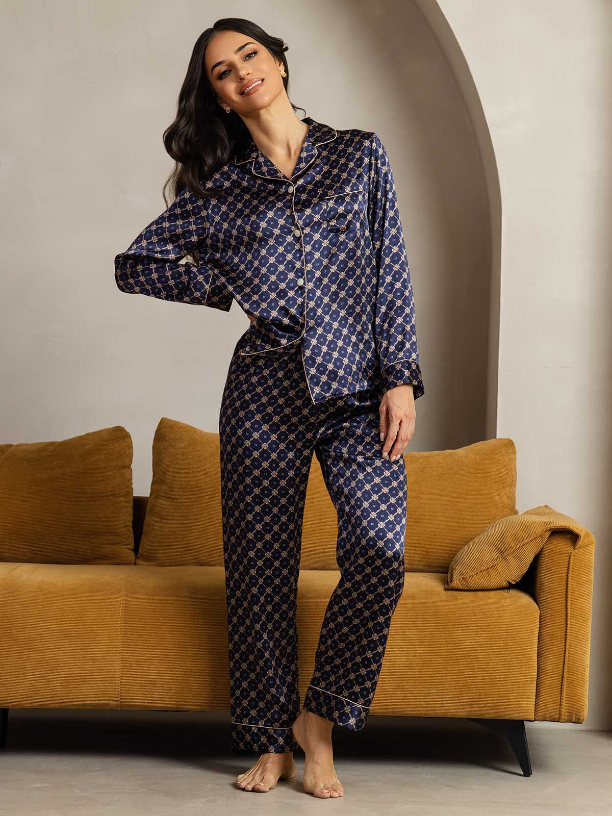 [Cadena Azul Marino] SilkSilky-ES Long Sleeve Lapel Collar Pijamas de mujer 002