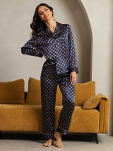 [Cadena Azul Marino] SilkSilky-ES Seda Pura Womens Pajamas 002,