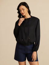 [Negro] SilkSilky-ES 18Momme Manga larga Cuello Alto Chaqueta de mujer 004