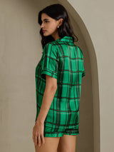 [Cuadros Verdes] SilkSilky-ES Short Sleeve Notch Collar Pijamas de mujer 002