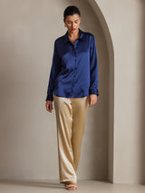 [Azul Oscuro] SilkSilky-ES Long Sleeve Lapel Collar Blusas de Mujer 005