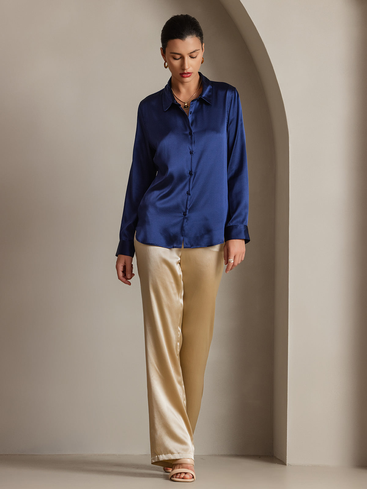 [Azul Oscuro] SilkSilky-ES 19Momme Manga larga Cuello con Solapa Blusas de Mujer 005