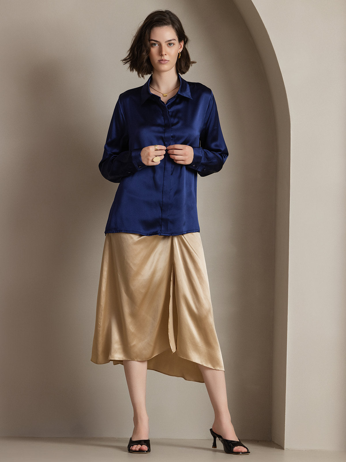 [Azul Oscuro] SilkSilky-ES 19Momme Seda Lapel Collar Blusas de Mujer 003