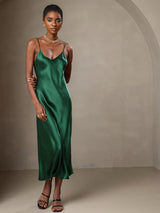 [Verde] SilkSilky-ES Spaghetti Strap V Neck Vestido 001