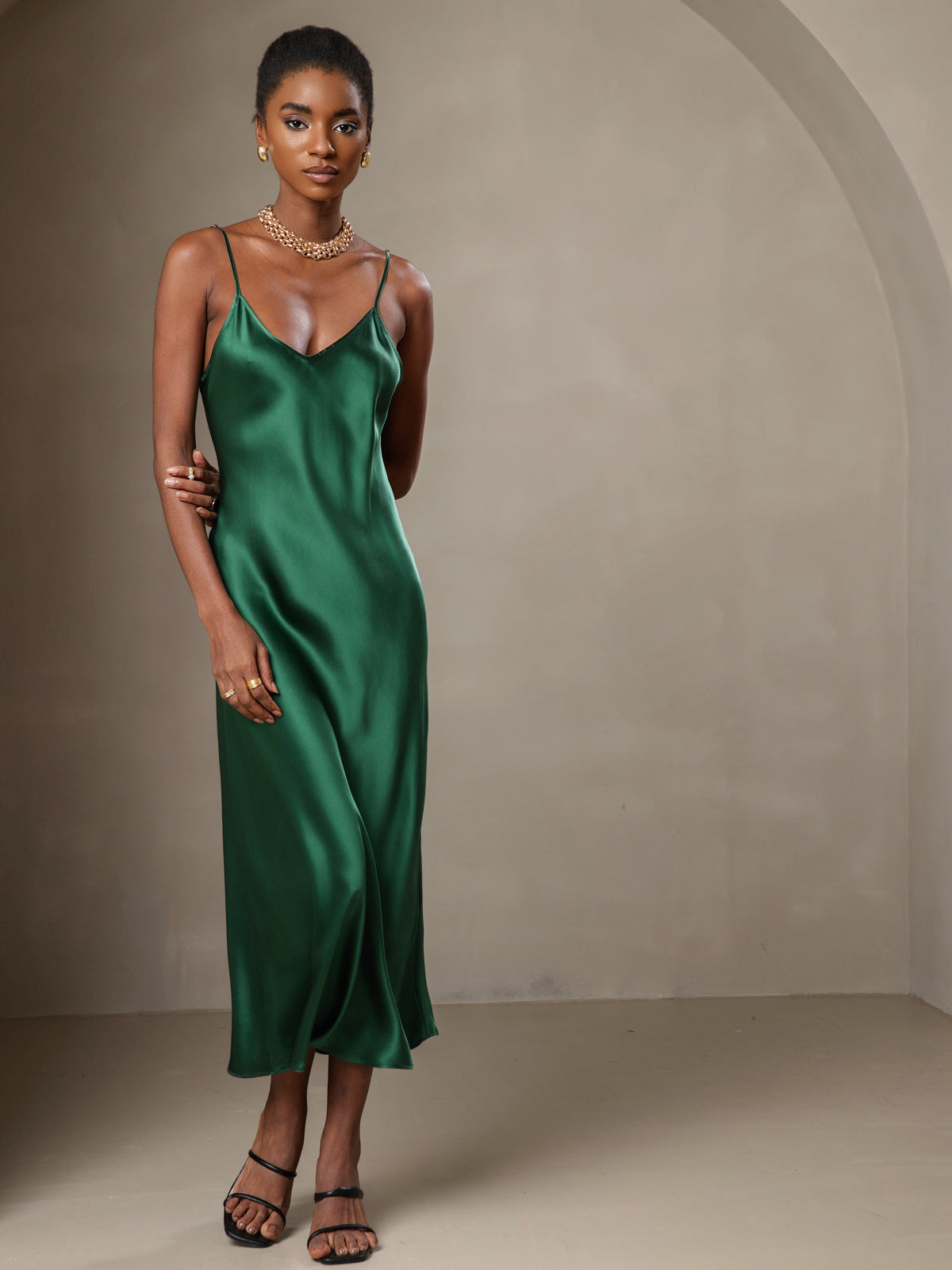 [Verde] SilkSilky-ES Spalline Sottili Cuello en V Vestido 001