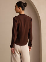 [Chocolate Negro] SilkSilky-ES Long Sleeve Tie Neck Blusas 002