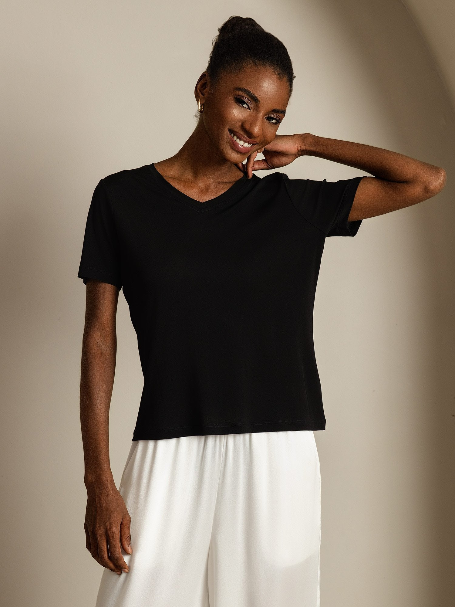 [Negro] SilkSilky-ES Seda Pura Cuello en V Camisetas de Mujer 007