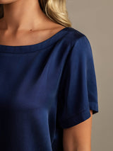 [Azul Oscuro] SilkSilky-ES 19Momme Manga corta Cuello Redondo Pijamas de mujer 004