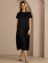 [Negro] SilkSilky-ES Short Sleeve Round Neck Vestido 007