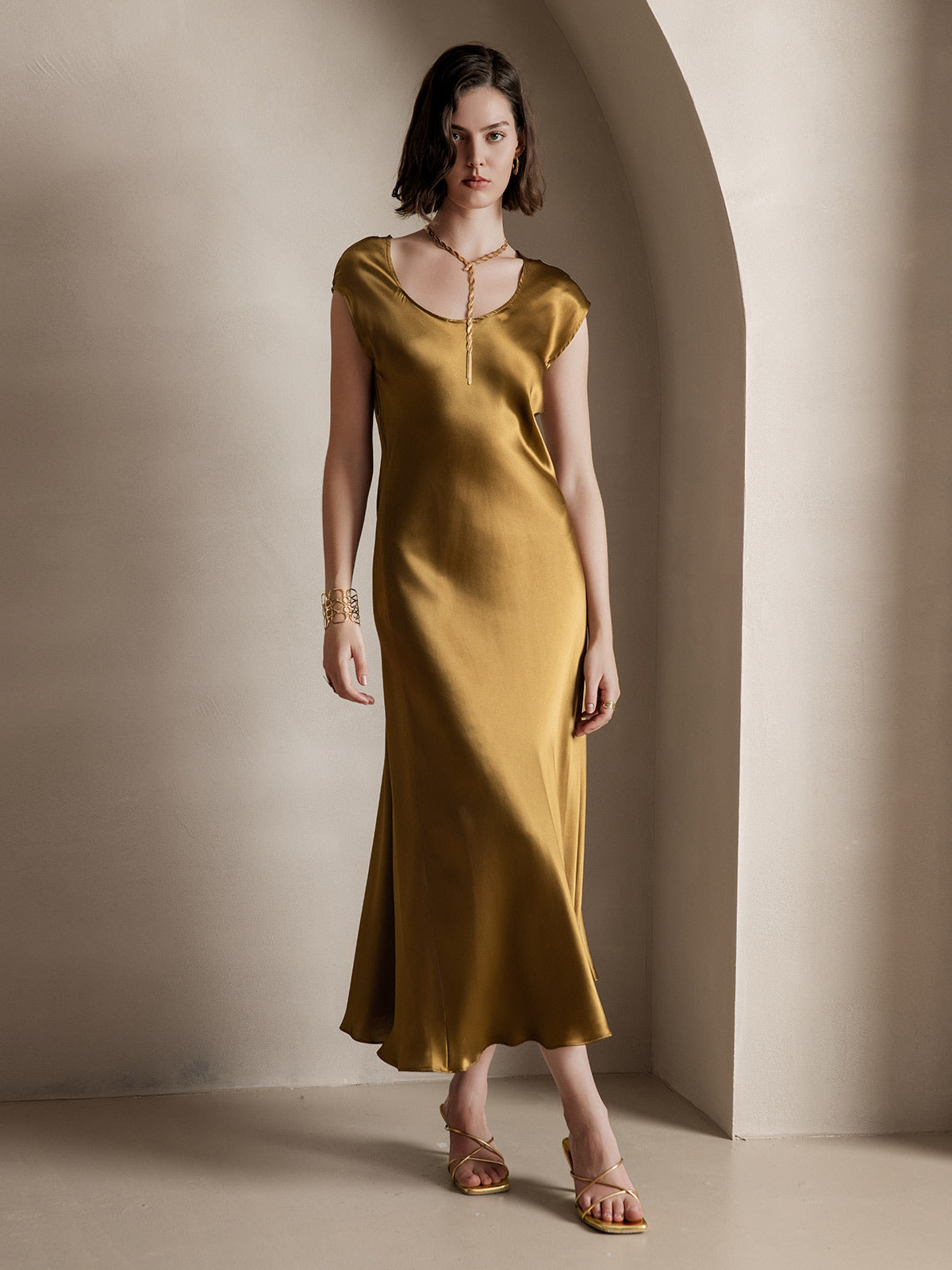 [Marrón] SilkSilky-ES 19Momme Seda Dress 005