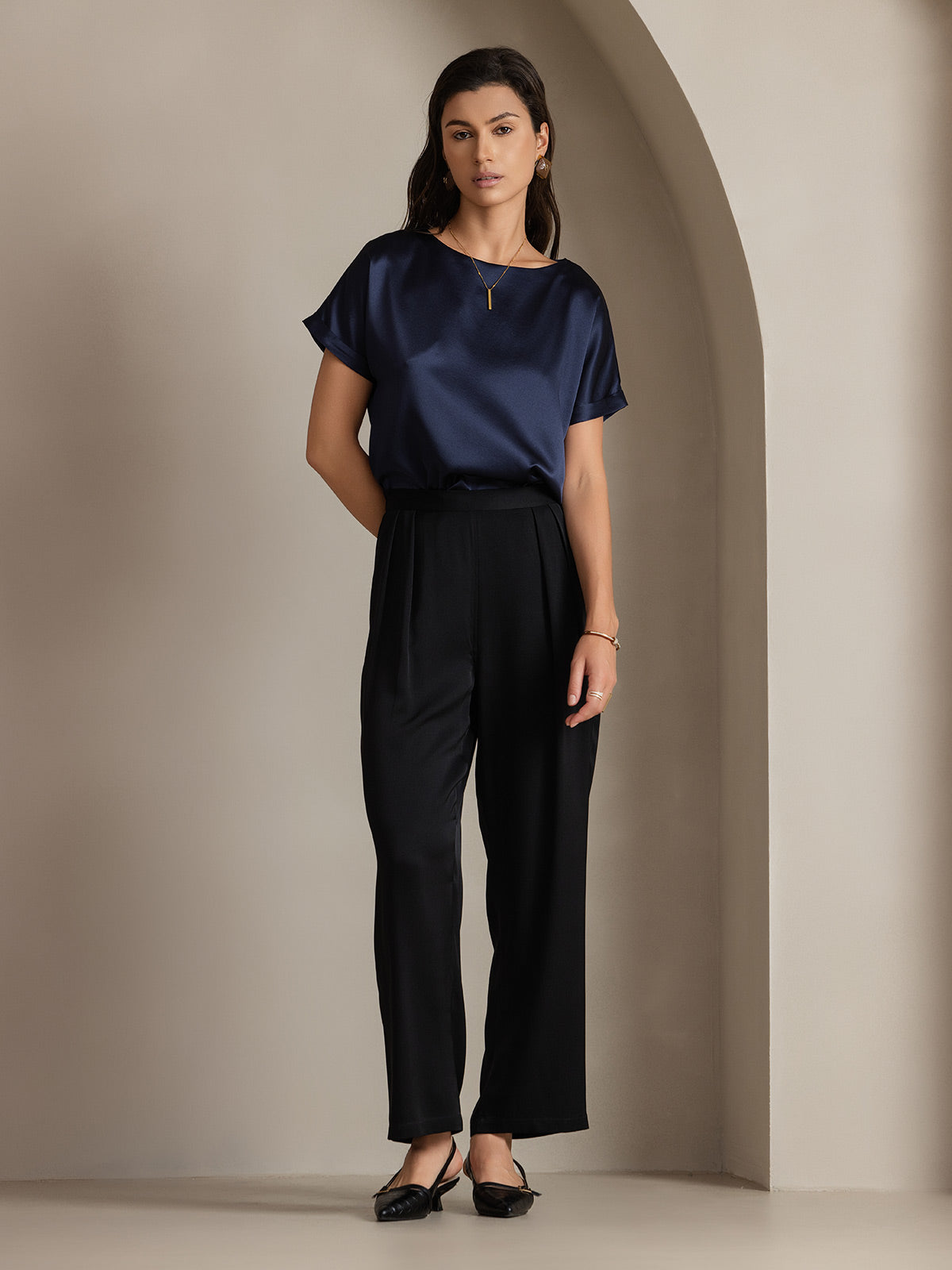 [Azul Oscuro] SilkSilky-ES 19Momme Seda Womens T-Shirt 004