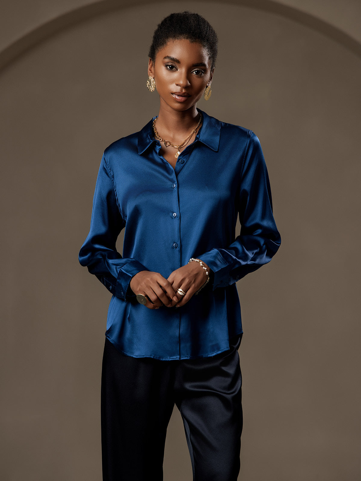 [Azul Real] SilkSilky-ES Seda Lapel Collar Blusas de Mujer 003