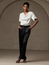 [Blanco] SilkSilky-ES Short Sleeve Cowl Neck Blusas 006