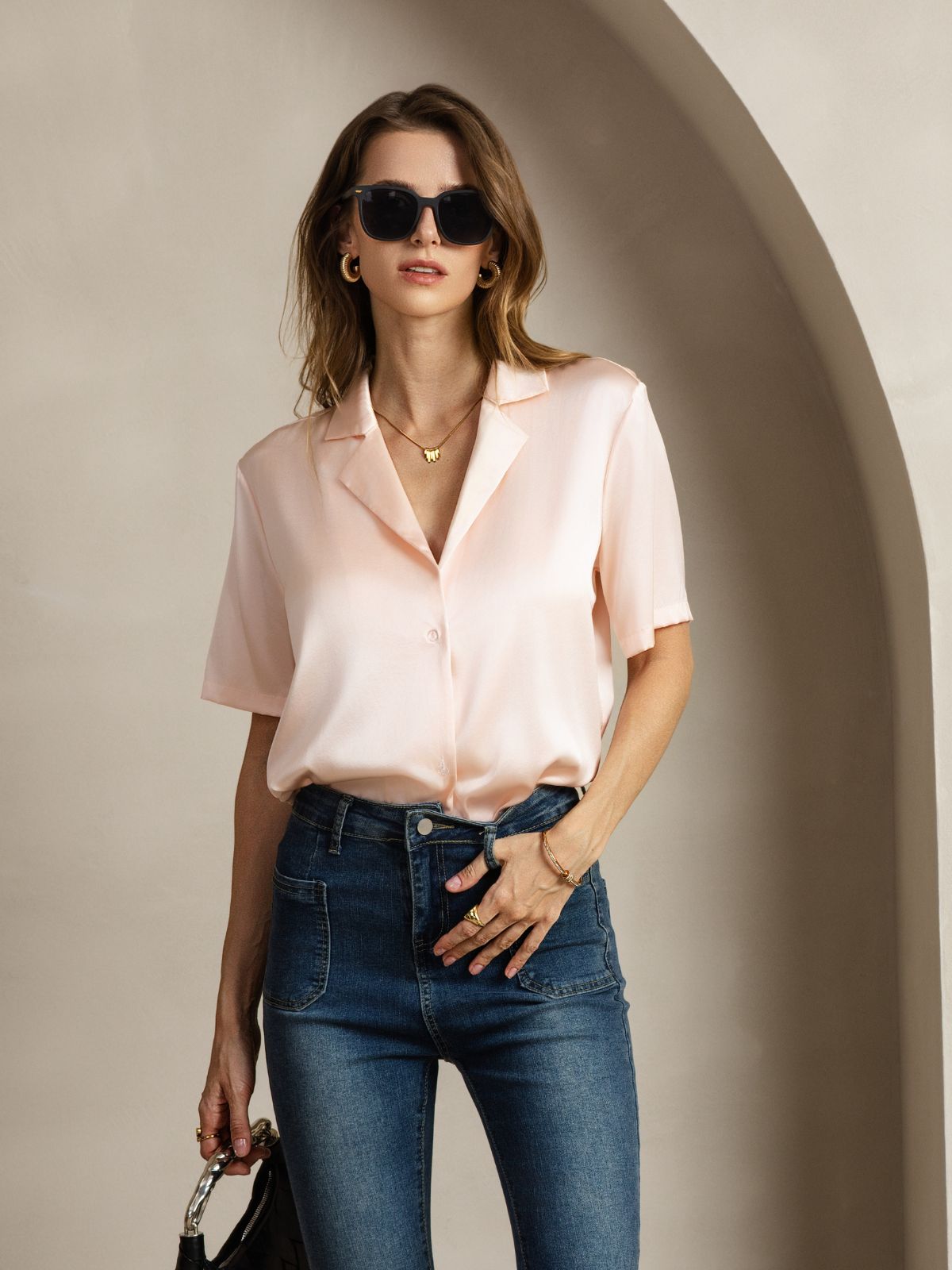 [Rosa] SilkSilky-ES 19Momme Seda Escote V Blusas de Mujer 006