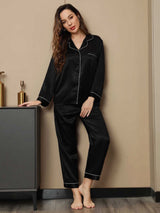 [Negro] SilkSilky-ES Long Sleeve Lapel Collar Pijamas de mujer 004