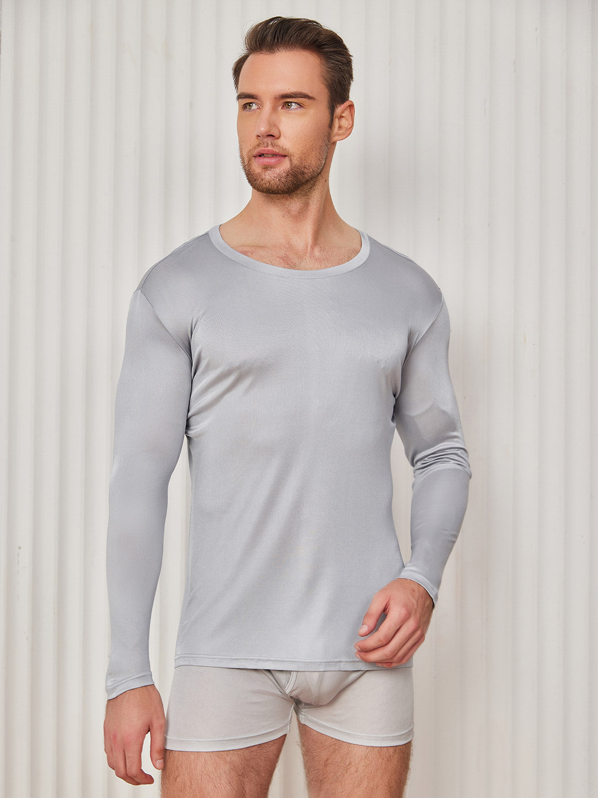 [Gris Claro] SilkSilky-ES Manga larga Cuello Redondo Camiseta de hombre 001