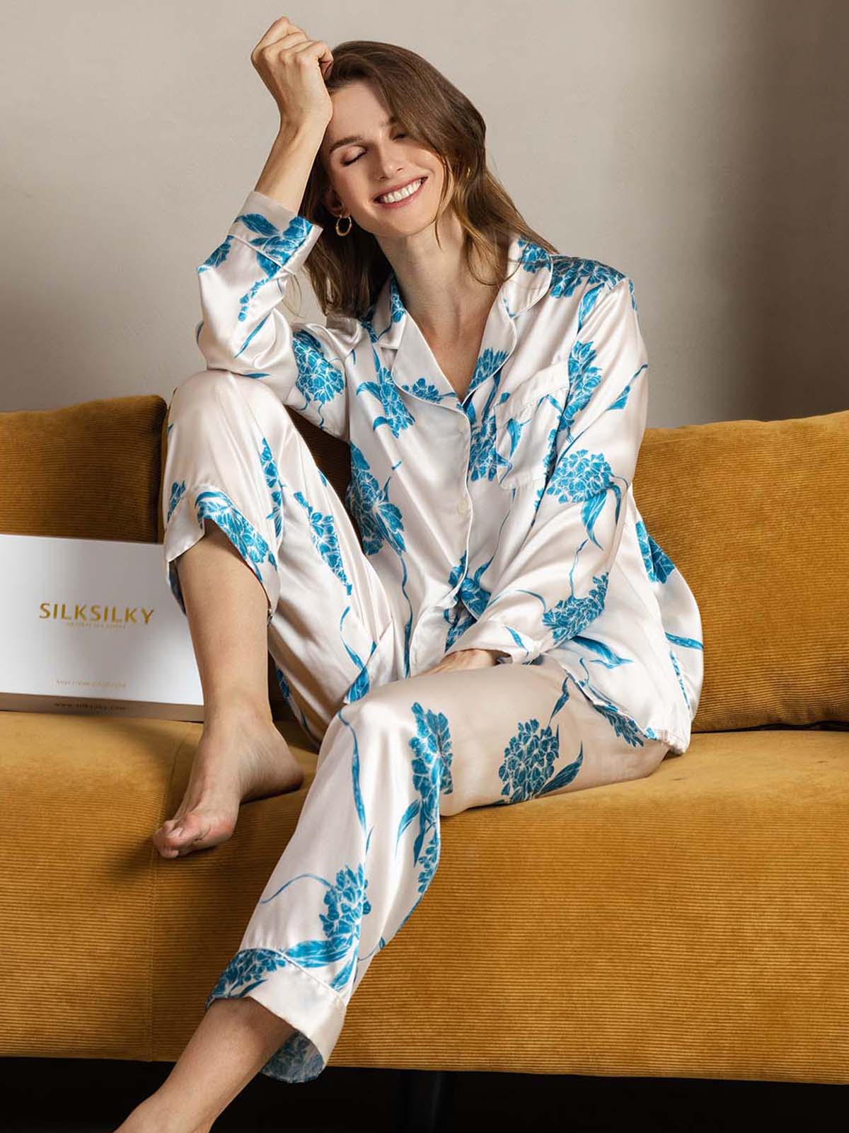 [Floral Azul] SilkSilky-ES Seda Pura Womens Pajamas 003