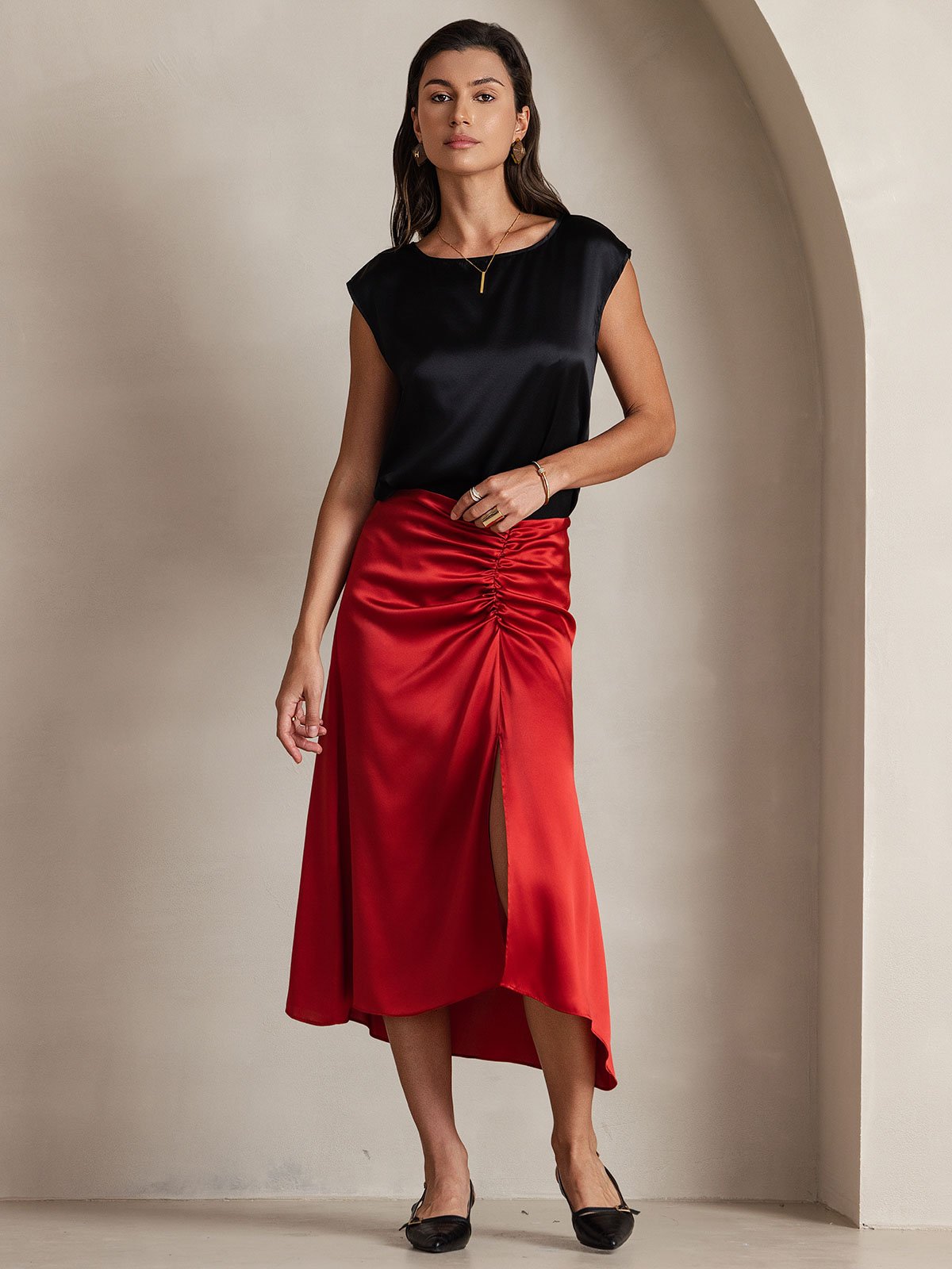 [Negro] SilkSilky-ES 19Momme Seda Womens T-Shirt 006