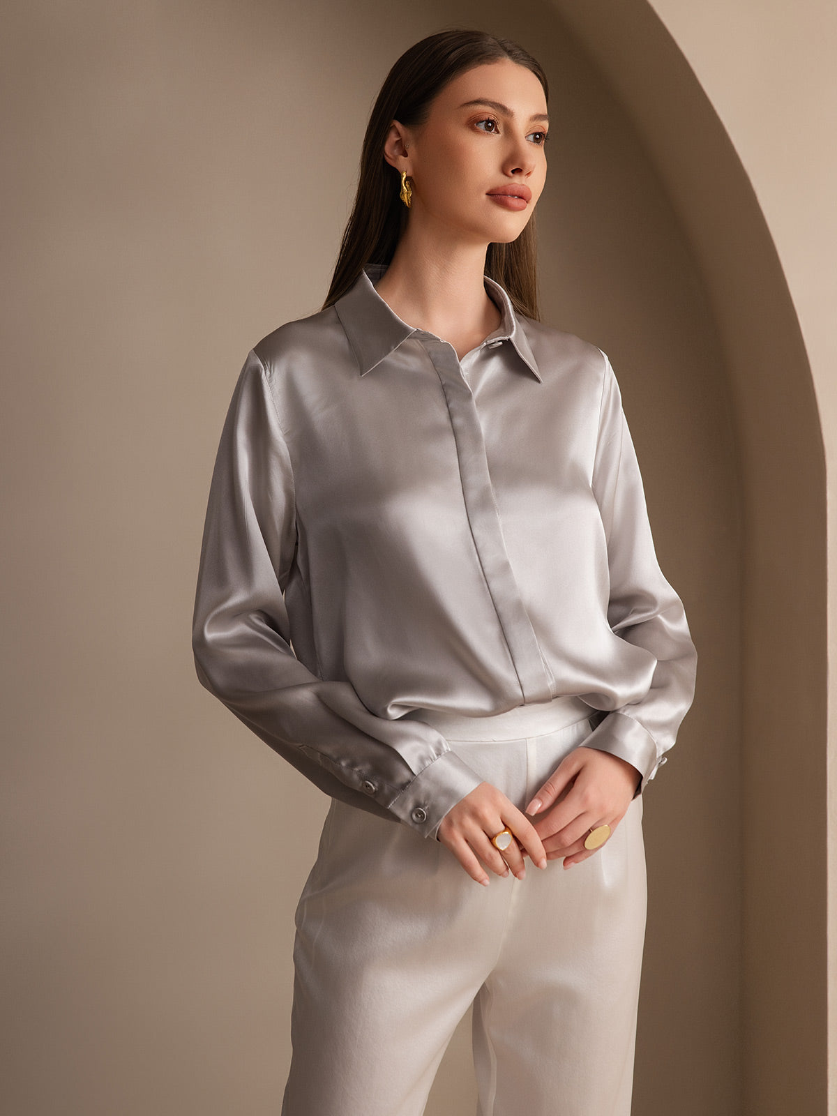 [Gris Claro] SilkSilky-ES 19Momme Seda Lapel Collar Blusas de Mujer 004