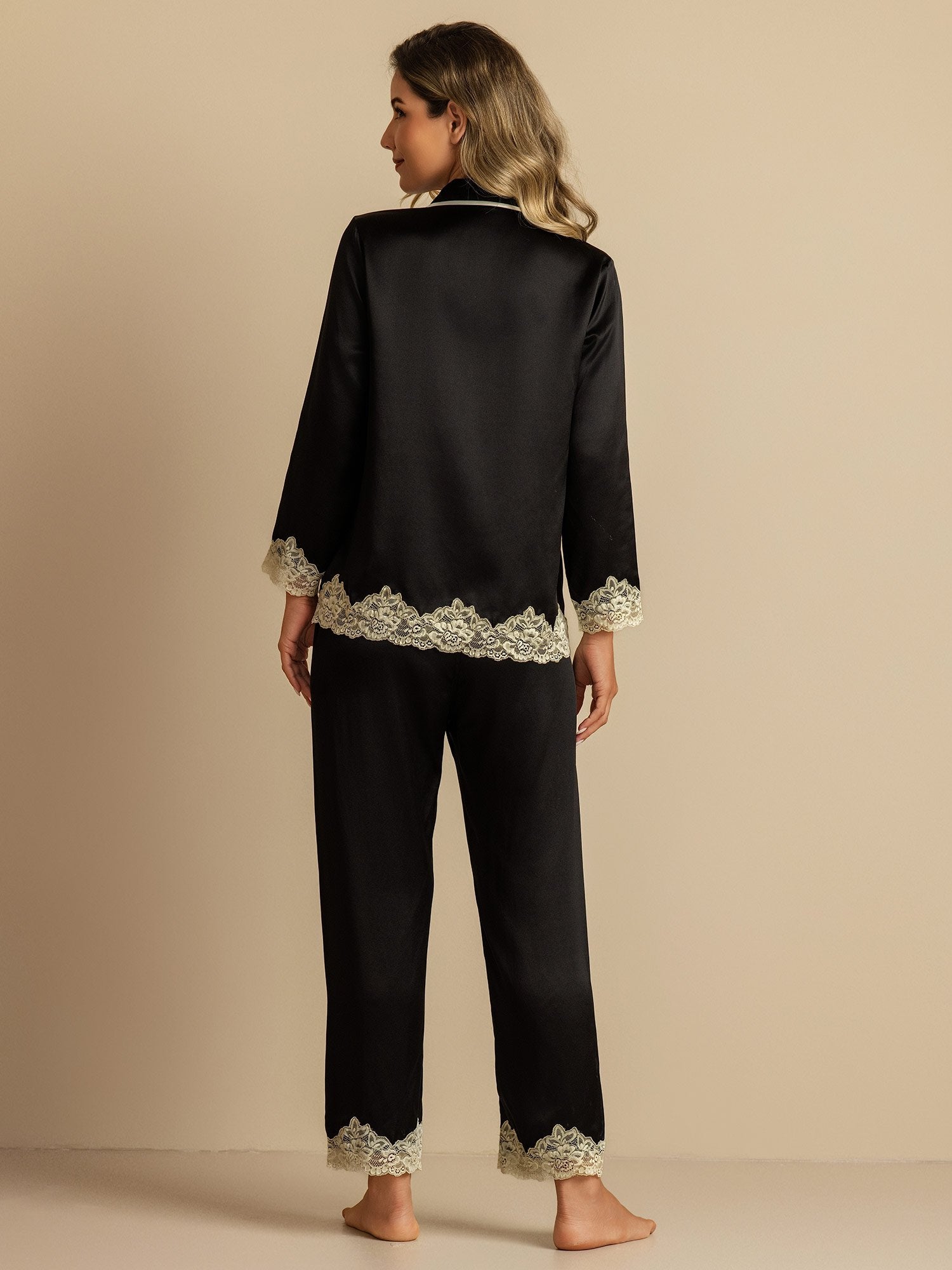 [Negro] SilkSilky-ES Seda Pura Womens Pajamas 002