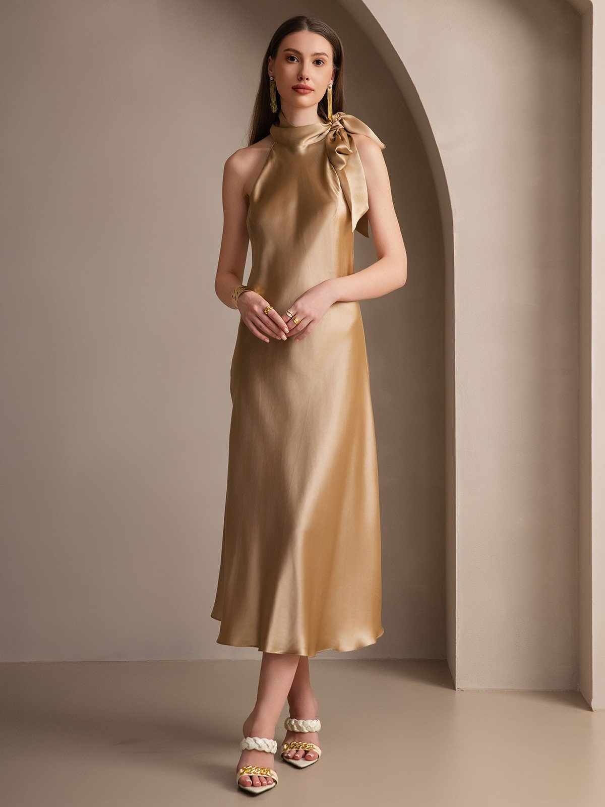 [Champán] SilkSilky-ES 19Momme Seda Sin mangas Corbata Vestido 006