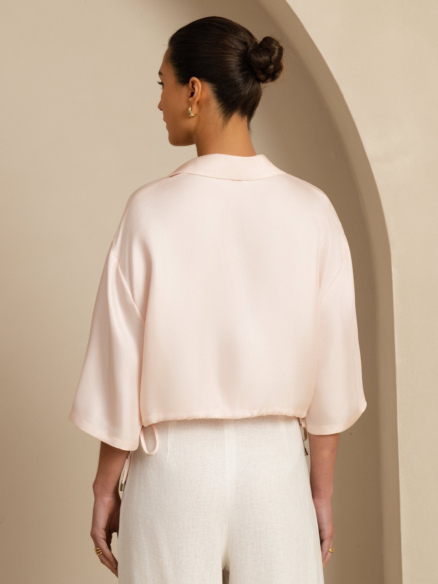 [Rosa] SilkSilky-ES 18Momme A metà Cuello con Solapa Blusa 002