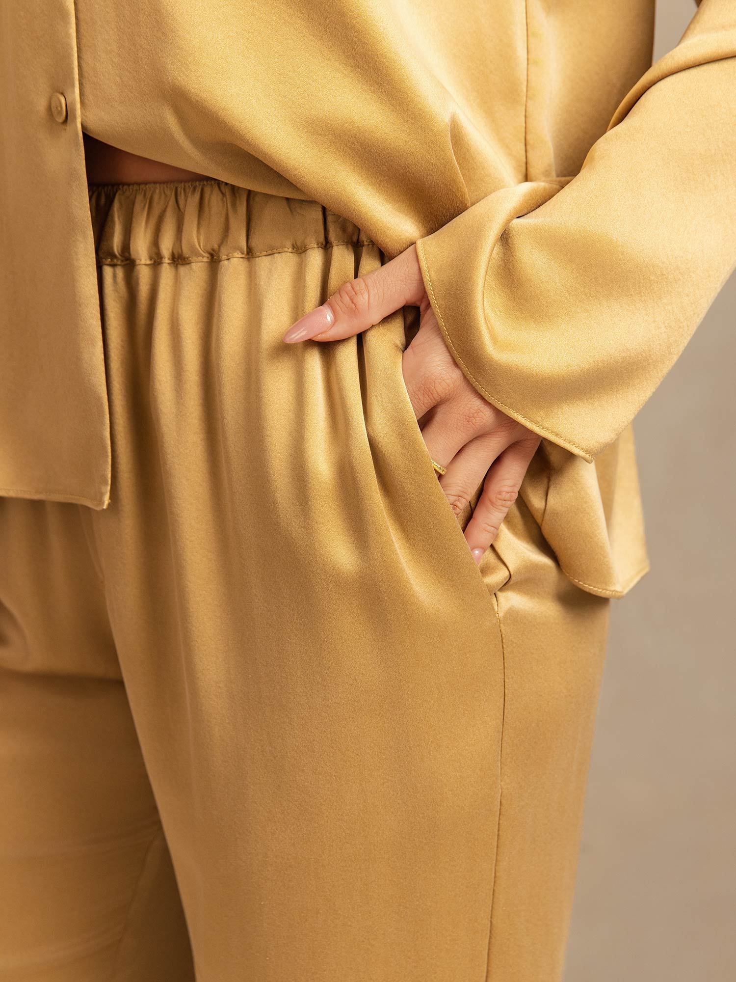 [MarrónClaro] SilkSilky-ES 19Momme Seda Escote V Pijamas de mujer 005