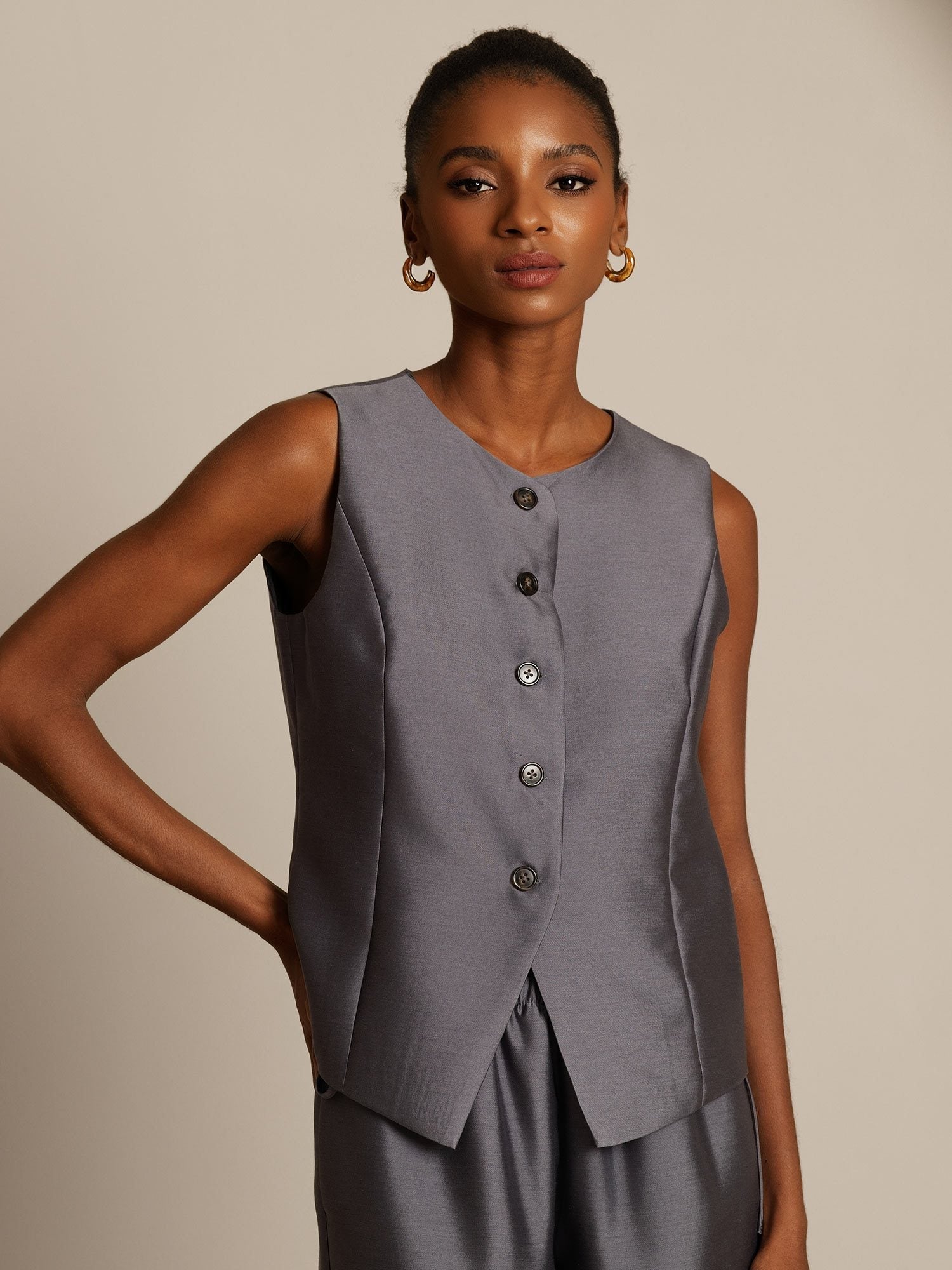 [Gris] SilkSilky-ES 32Momme Silk-Wool Blend Womens Vest 005,