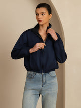 [Negro+AzulOscuro] SilkSilky-ES 18Momme Manga larga Cuello Alto Chaqueta de mujer 002
