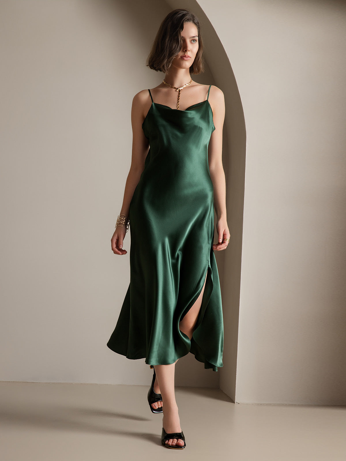 [Verde Oscuro] SilkSilky-ES 19Momme Seda Pura Sin mangas Escote Caído Vestido 006