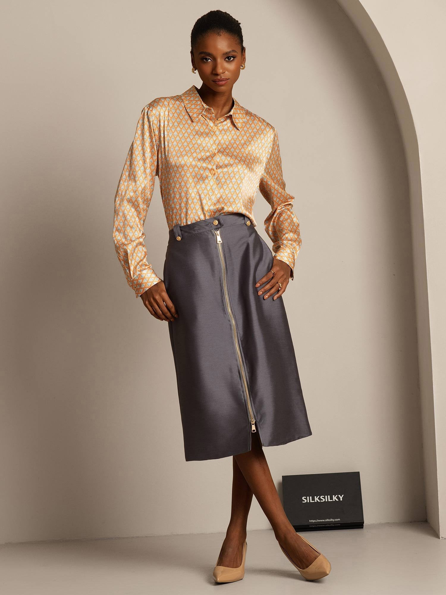 [Gris] SilkSilky-ES 32Momme Silk-Wool Blend Skirt 007,