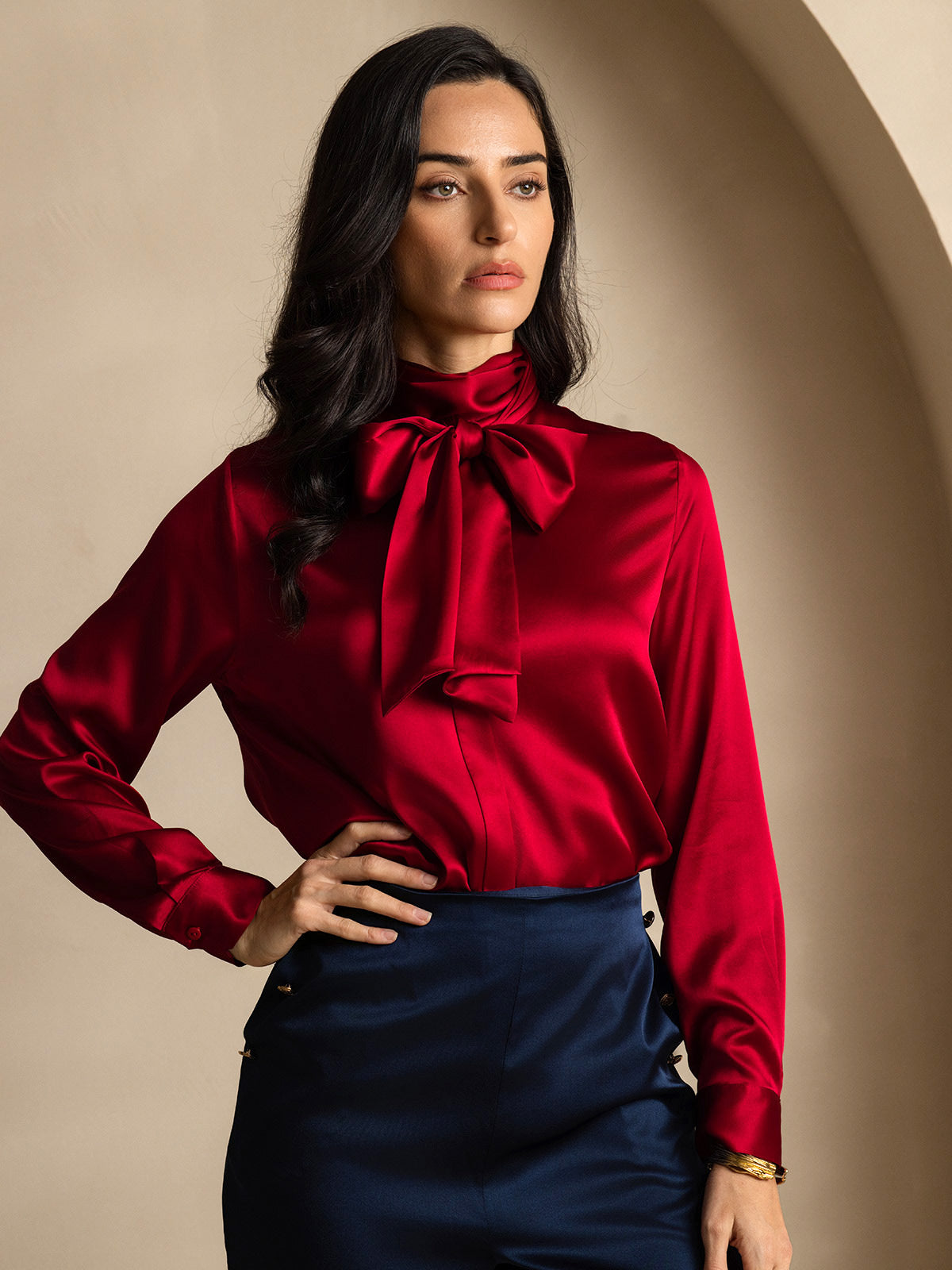 [Vino] SilkSilky-ES 19Momme Seda Manga larga Corbata Blusas de Mujer 001