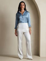 [Azul Grisáceo] SilkSilky-ES 3/4 Sleeve Lapel Collar Blusas de Mujer 006