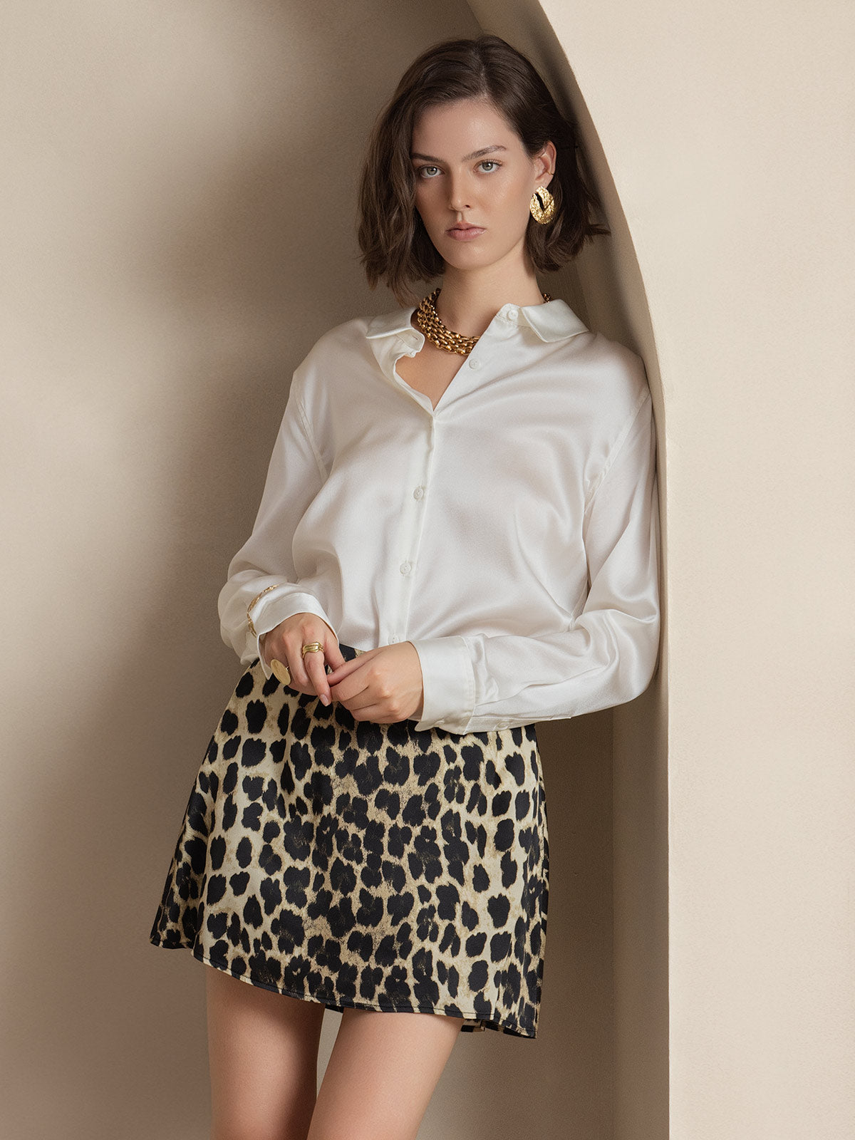 [Blanco] SilkSilky-ES 19Momme Manga larga Cuello con Solapa Blusas de Mujer 004