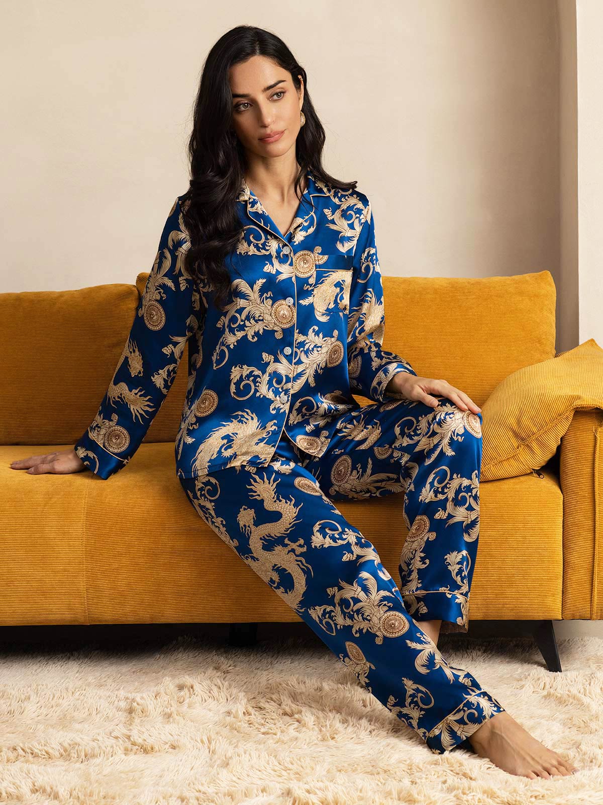 SilkSilky-ES Seda Pura Manga larga Solapa Pijamas de mujer Azul 008