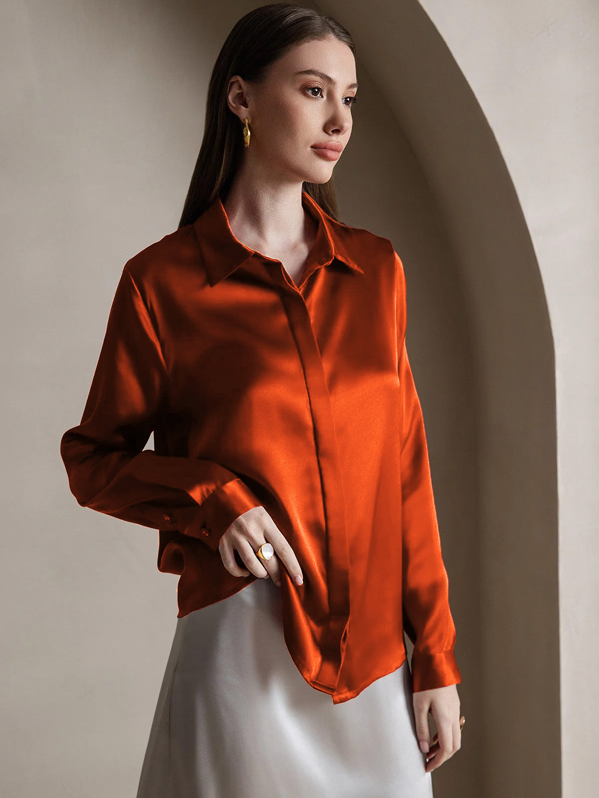 [Caramelo] SilkSilky-ES 19Momme Seda Lapel Collar Blusas de Mujer 004