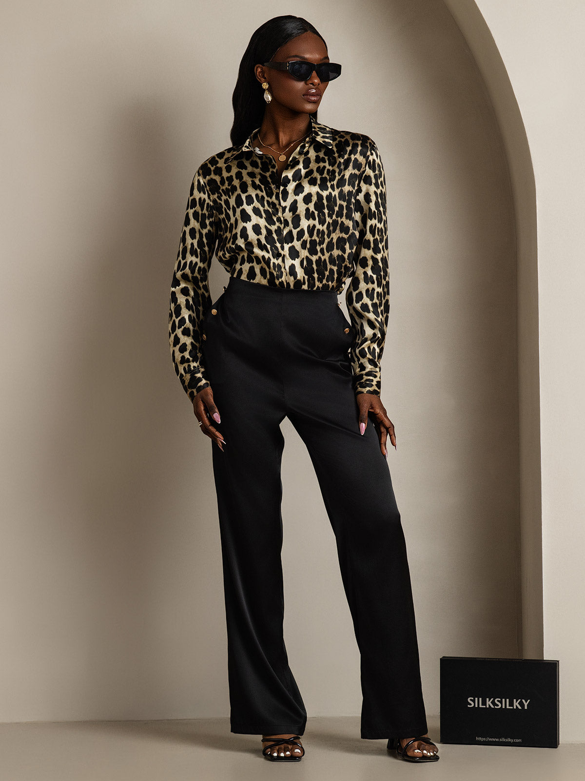 [Leopardo] SilkSilky-ES Seda Lapel Collar Blusas de Mujer 006