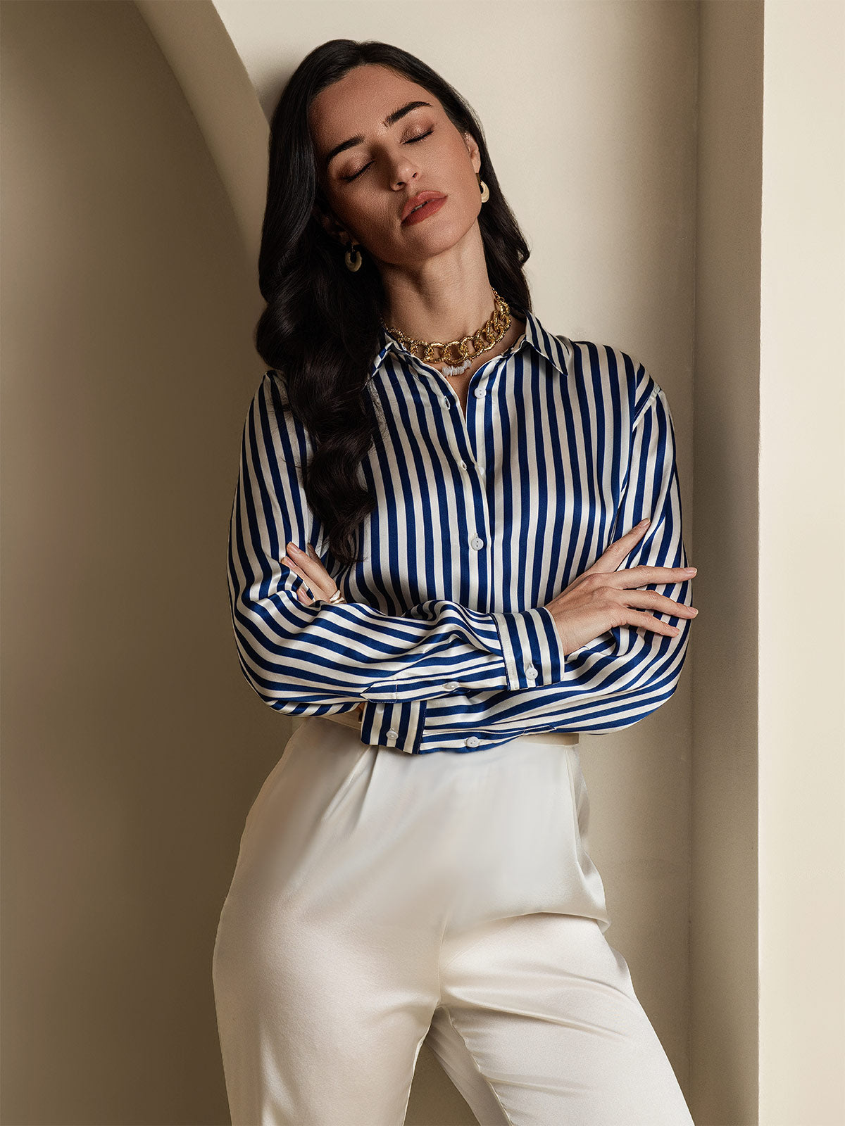 [Azul] SilkSilky-ES Seda Lapel Collar Blusas de Mujer 001
