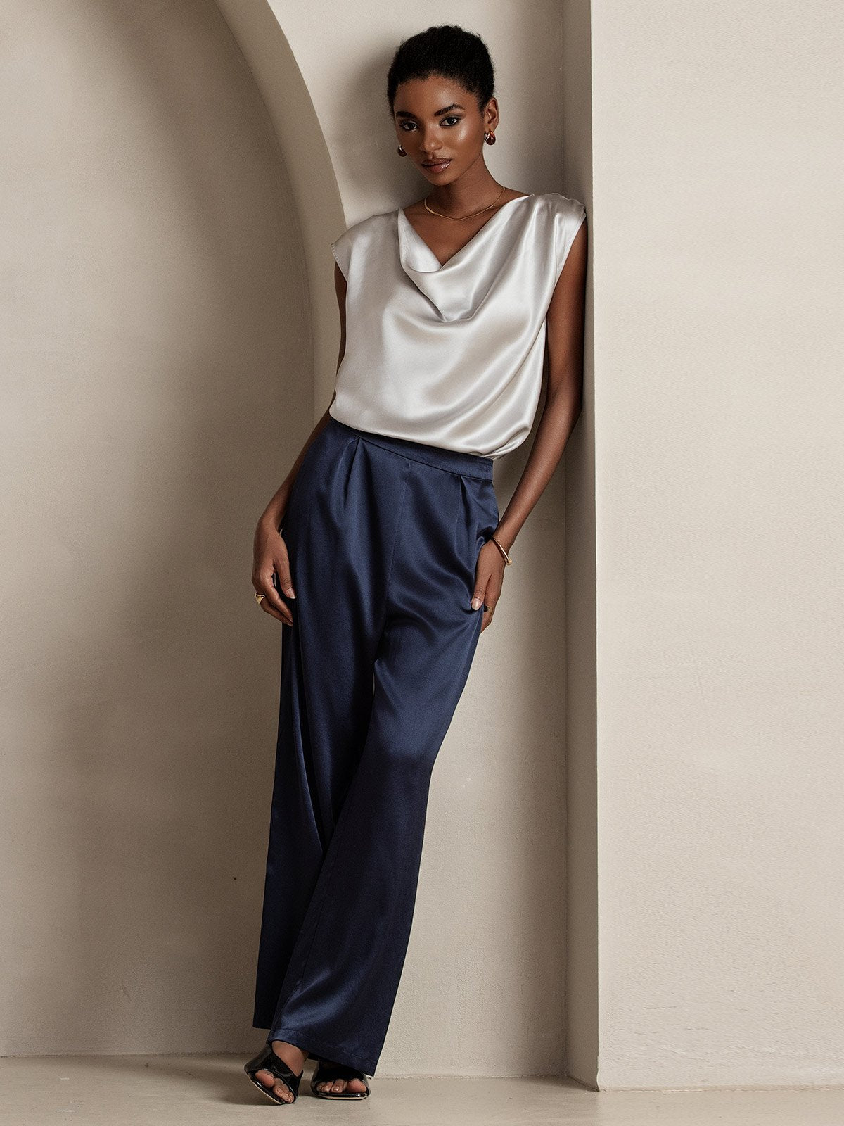 [Gris Claro] SilkSilky-ES 19Momme Seda Sin mangas Womens T-Shirt 006