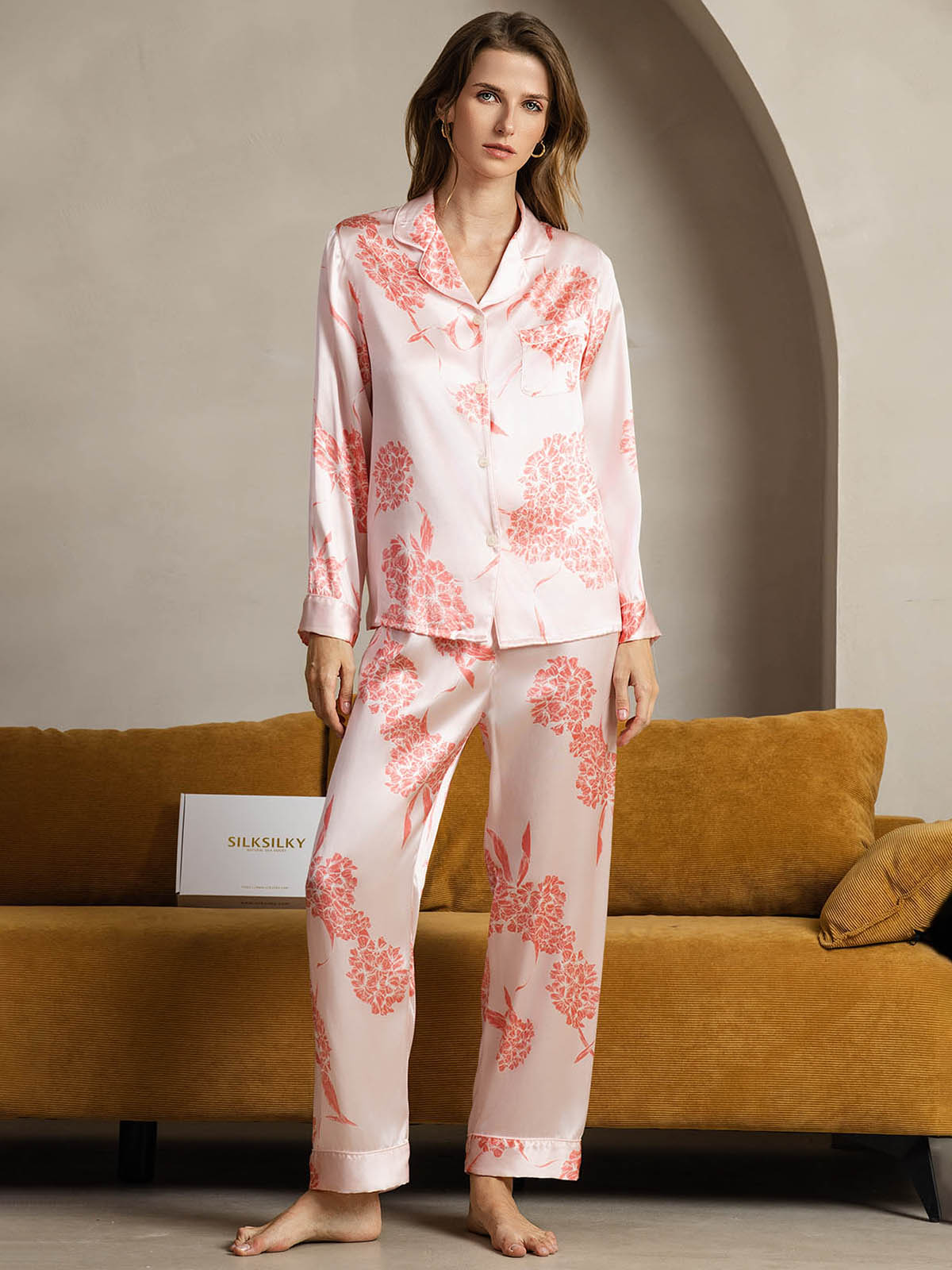 [Flores Coral] SilkSilky-ES Seda Pura Womens Pajamas 001