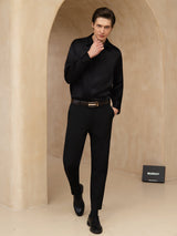 [Negro] SilkSilky-ES 19Momme Manga larga Cuello con Solapa Camisa de hombre 008