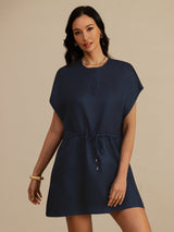 [Azul Oscuro] SilkSilky-ES 18Momme Manga Casquillo Cuello Henley Vestido 004