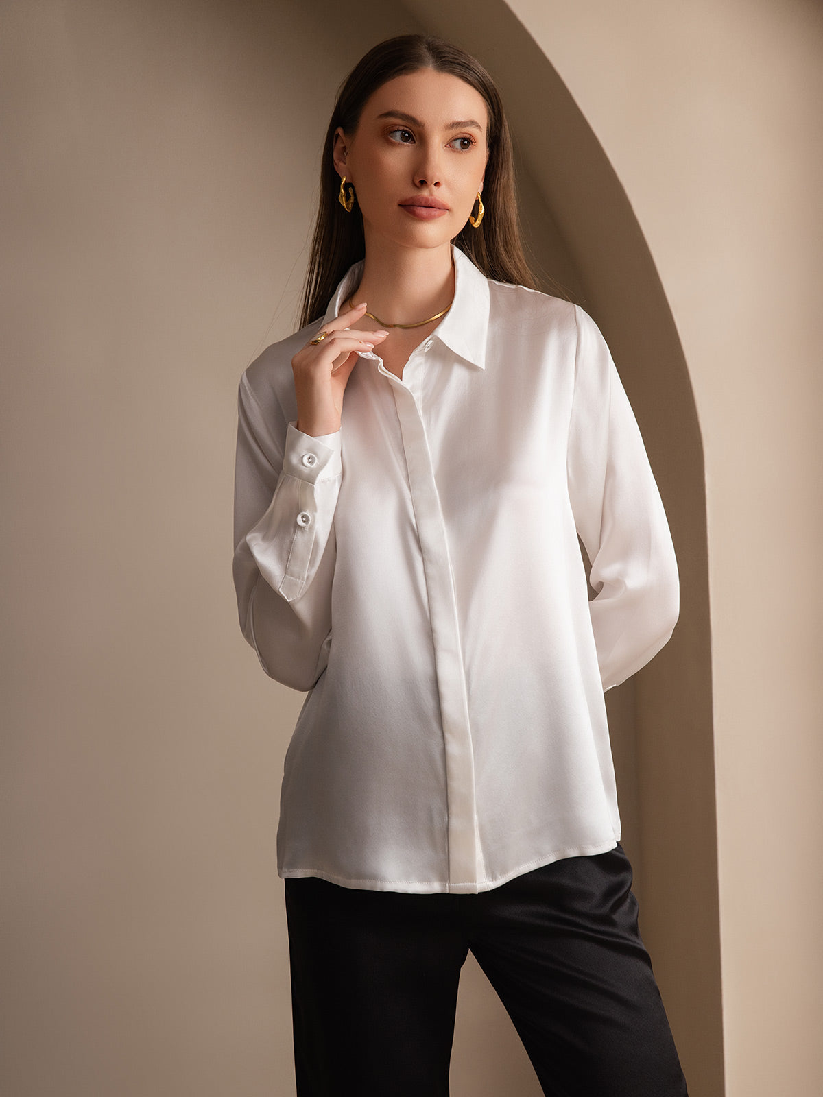 [Blanco] SilkSilky-ES 19Momme Seda Lapel Collar Blusas de Mujer 004