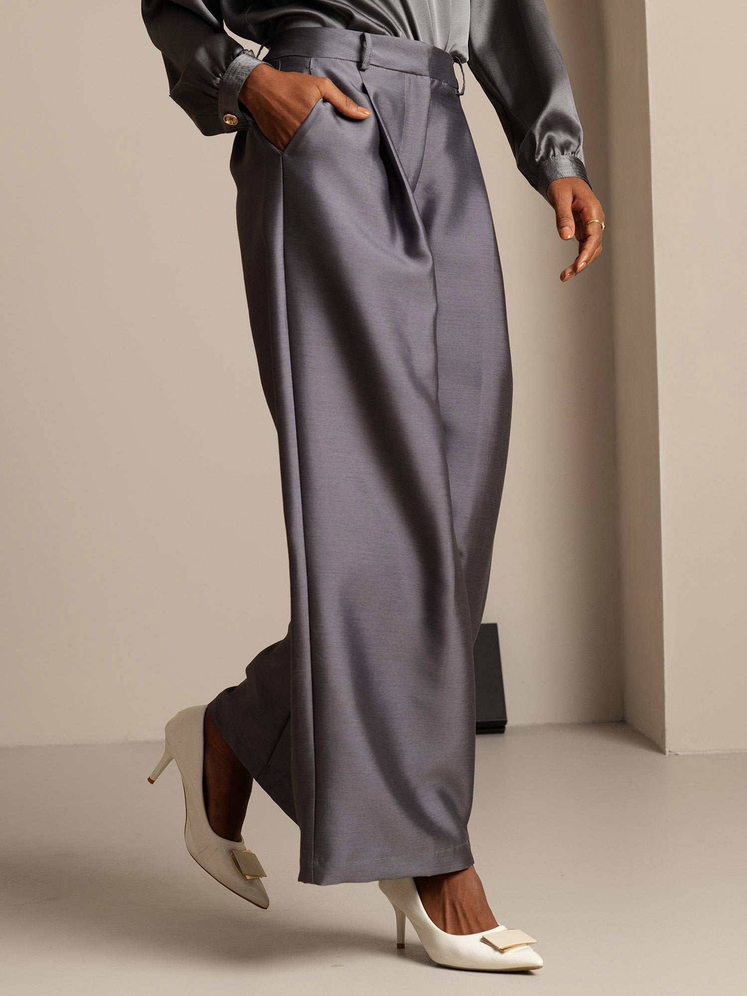 [Gris] SilkSilky-ES 32Momme Silk-Wool Blend Womens Pants 003,