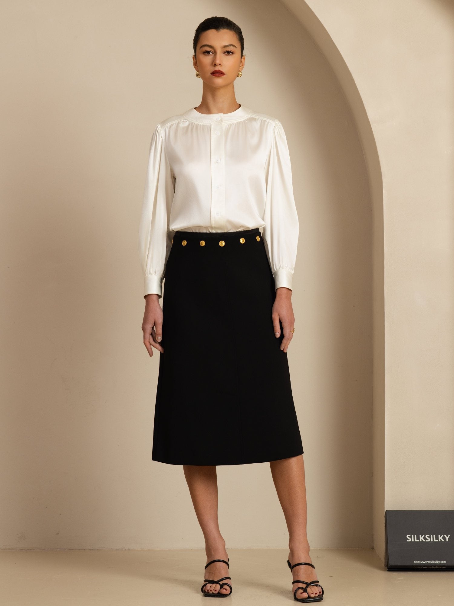 [Blanco] SilkSilky-ES 19Momme Long Sleeve Round Neck Blusa 007