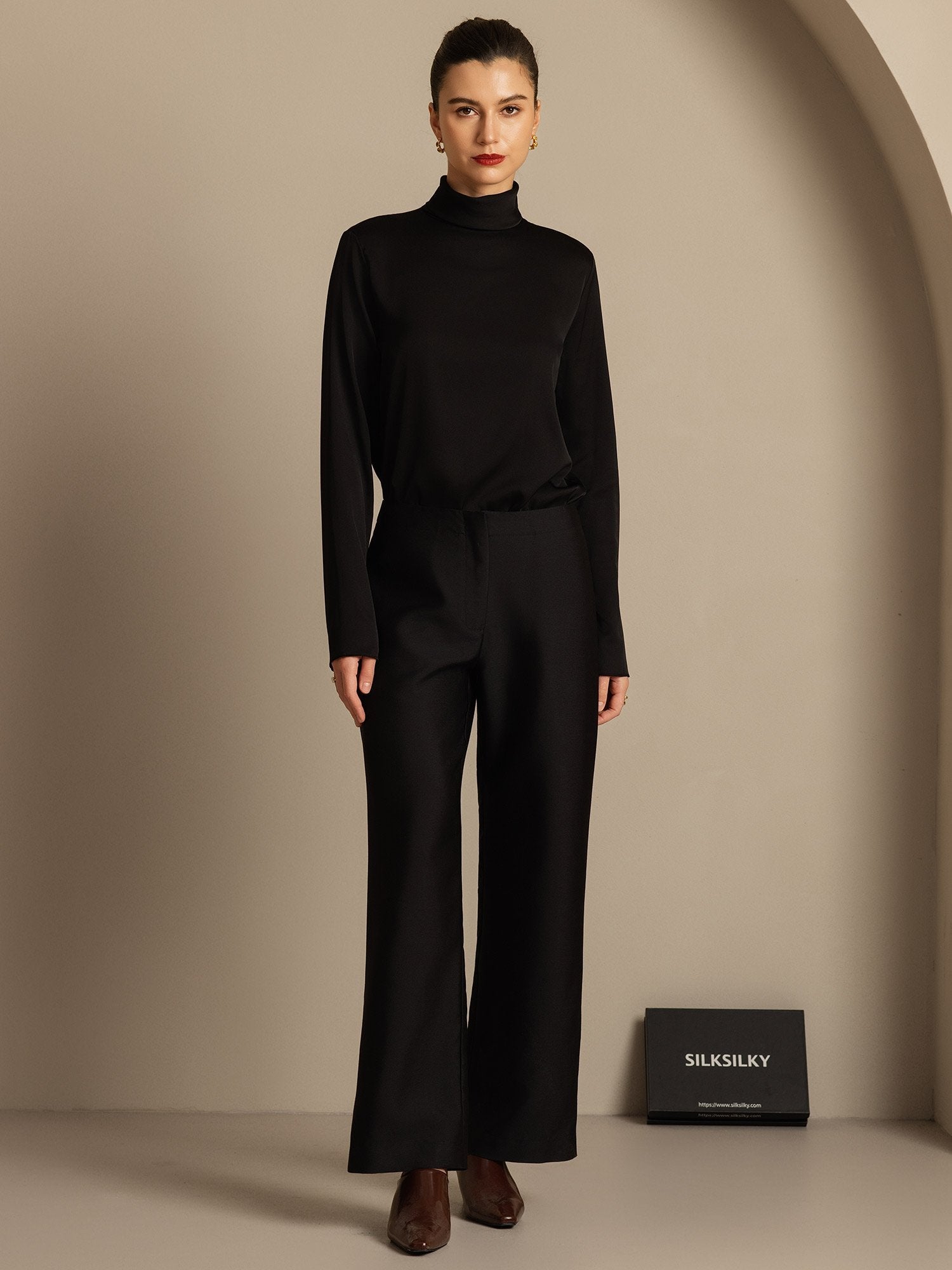 [Negro] SilkSilky-ES 32Momme Silk-Wool Blend Womens Pants 005,