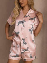 [Cebra Rosa] SilkSilky-ES Short Sleeve Lapel Collar Pijamas de mujer 004
