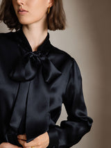 [Negro] SilkSilky-ES Long Sleeve Tie Neck Blusas 003