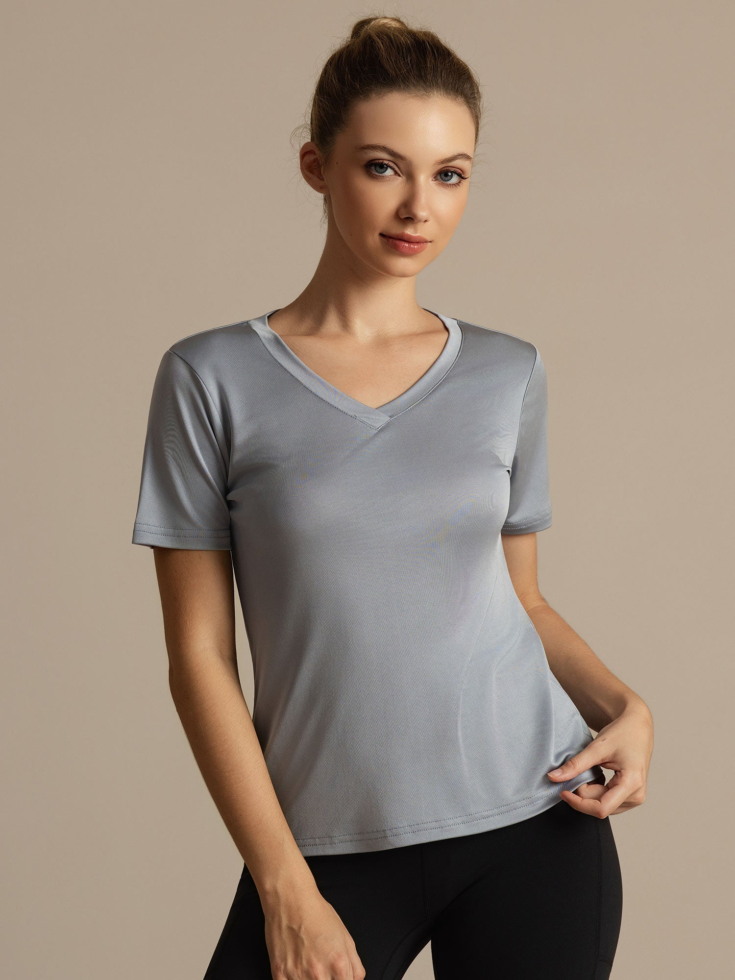[Gris Claro] SilkSilky-ES Manga corta Cuello en V Camisetas de Mujer 001